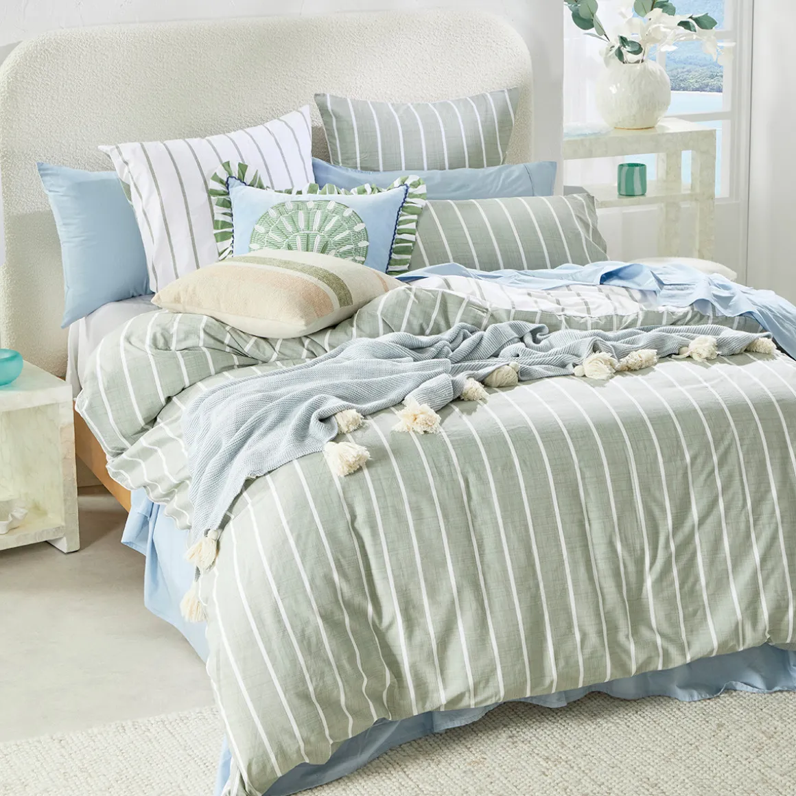 Adria Reversible Green Stripe Quilt Cover Set