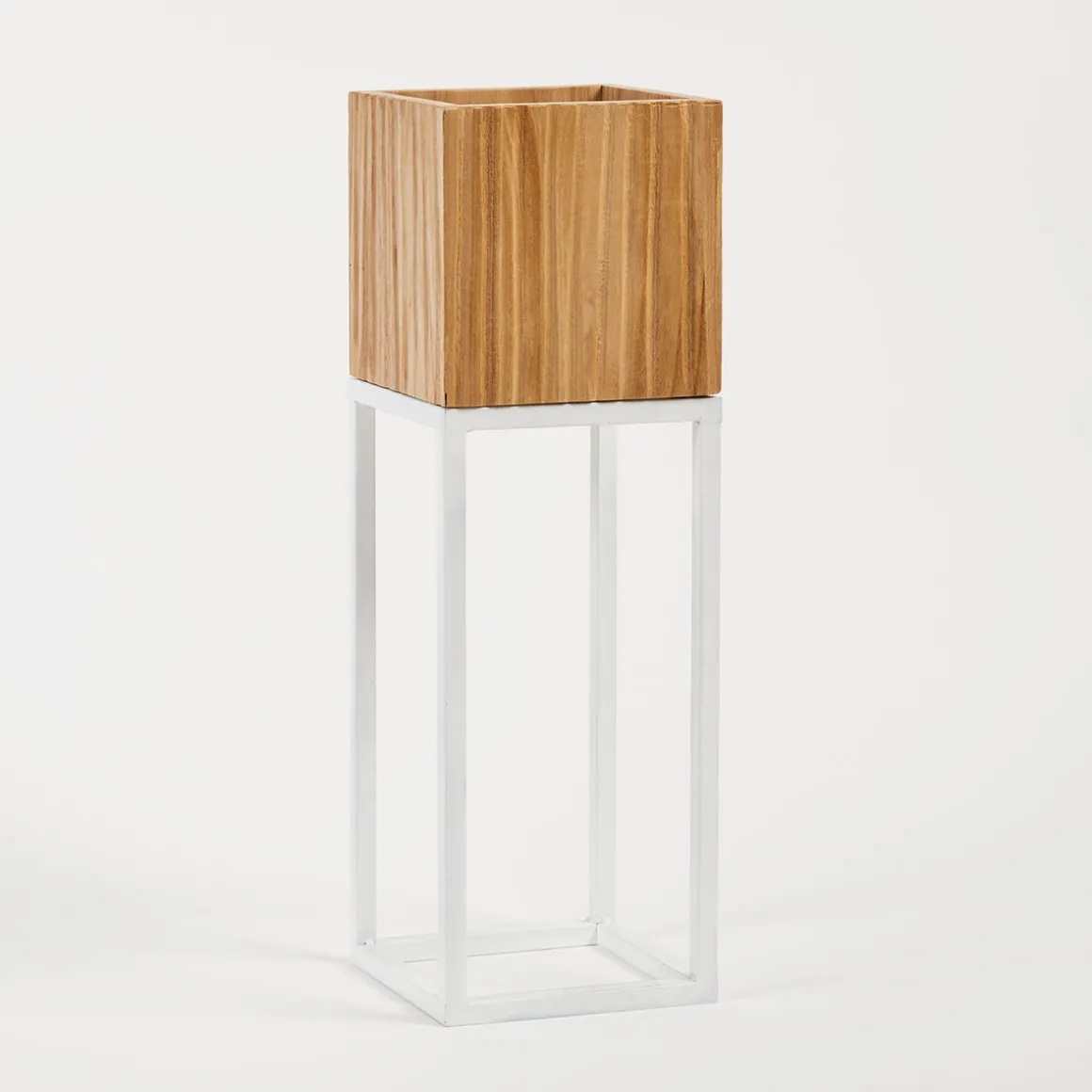 Manly Wooden Decorative Pot on White Metal Stand