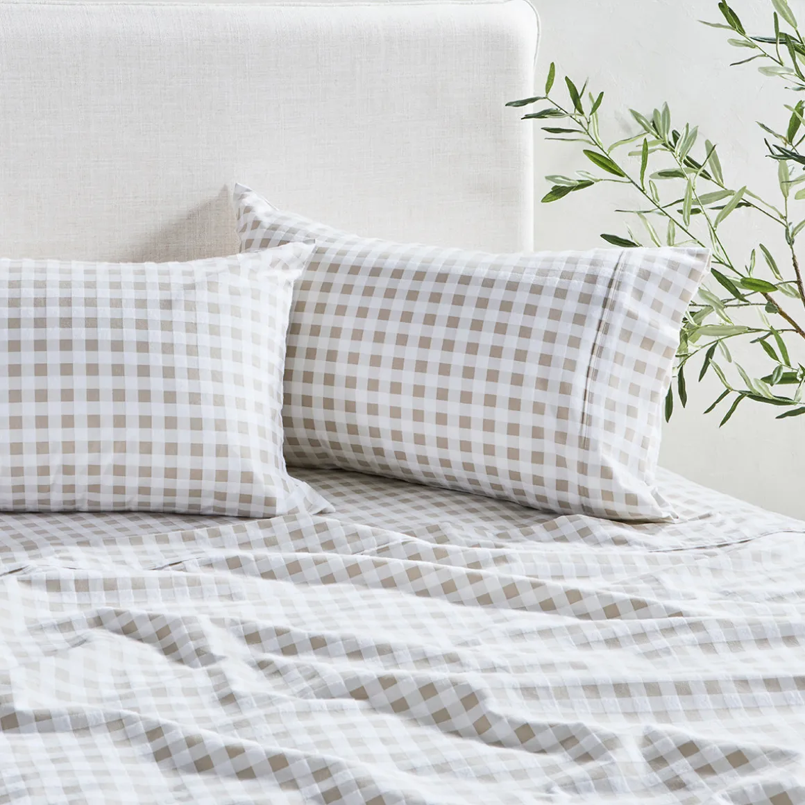 Natural Gingham Cotton Flannelette Sheet Set