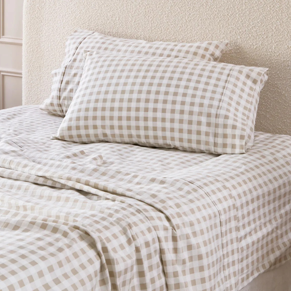 Natural Gingham Cotton Flannelette Sheet Set