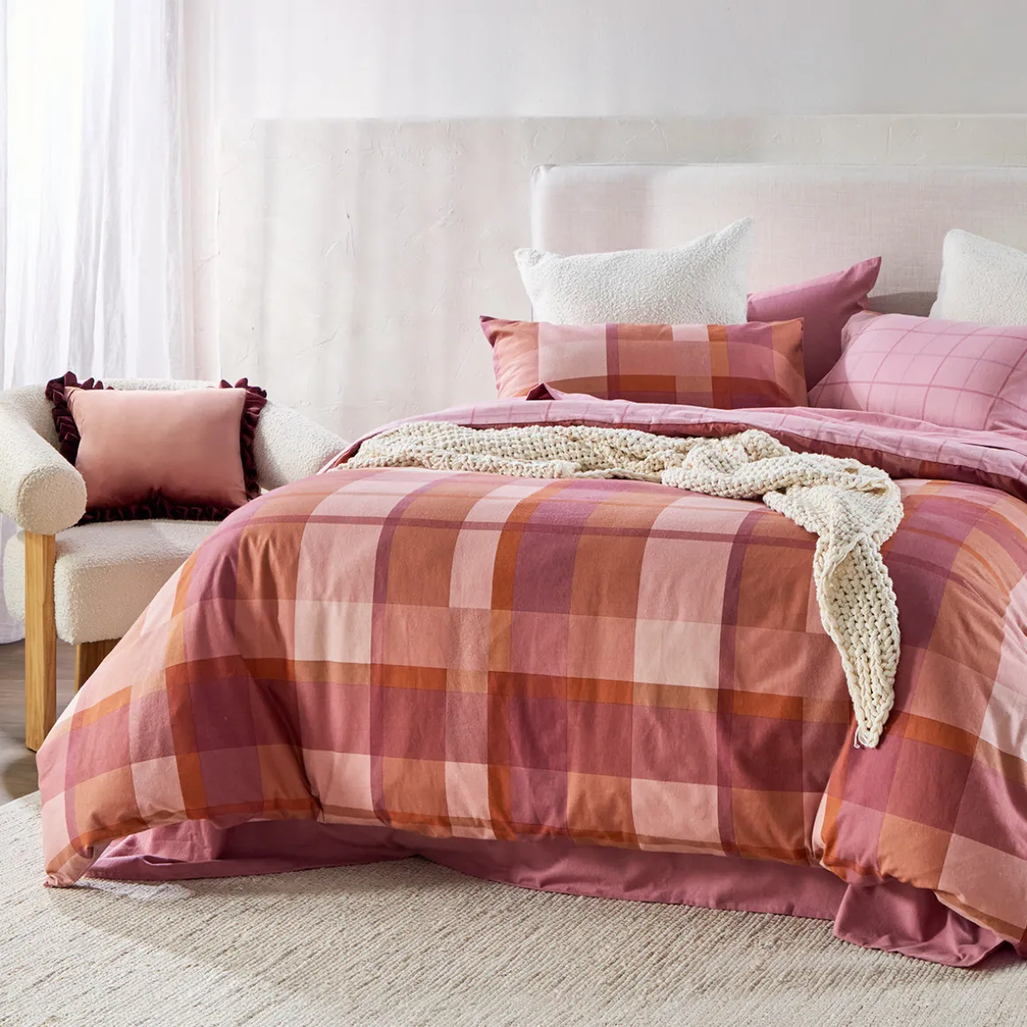 Pink Check Reversible Flannelette Quilt Cover Set