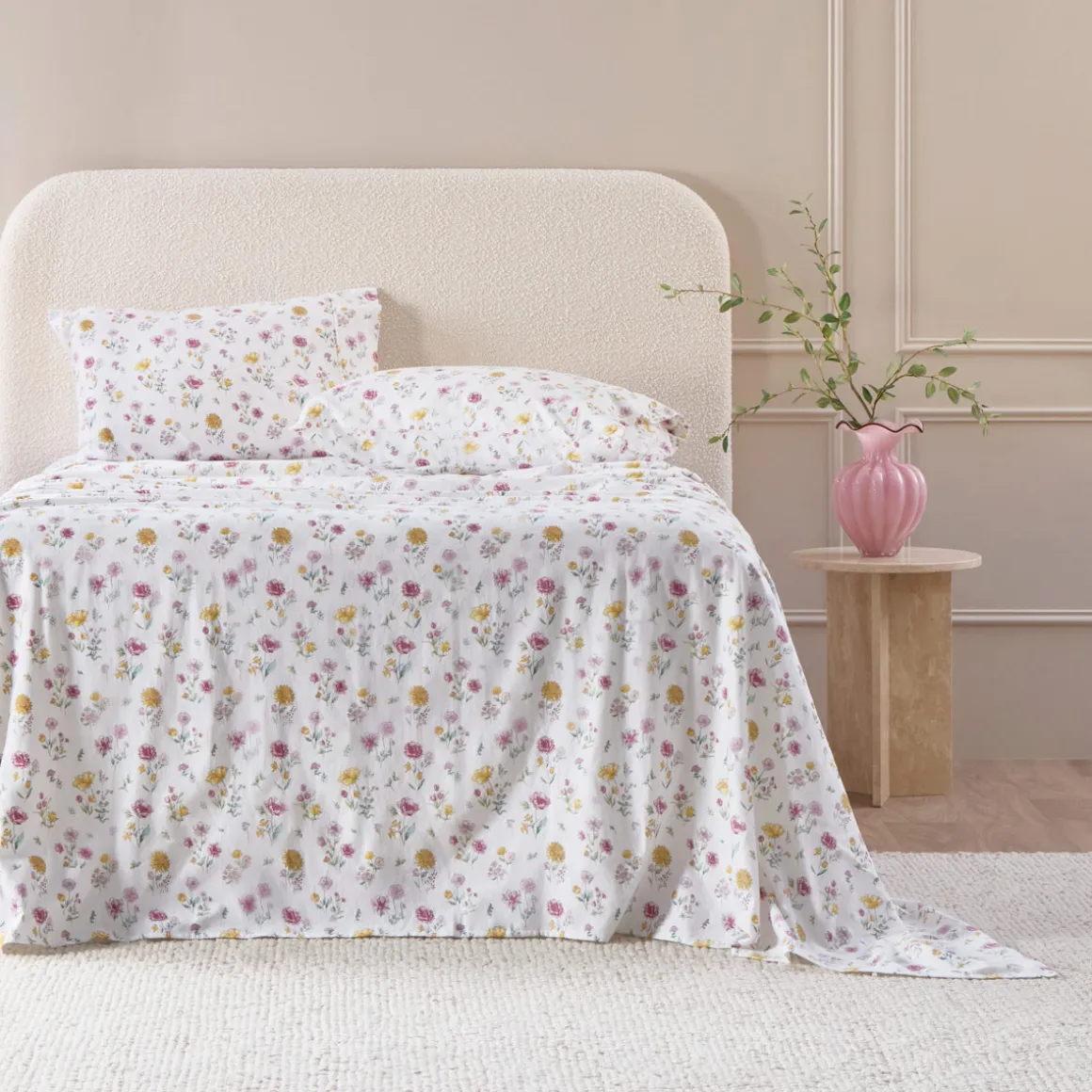 White Floral Cotton Flannelette Sheet Set